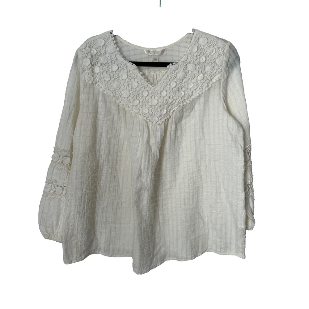 Krazy Kat Top Size L White Gauzy Peasant Crochet Lace Trim V-Neck Boho Cottage